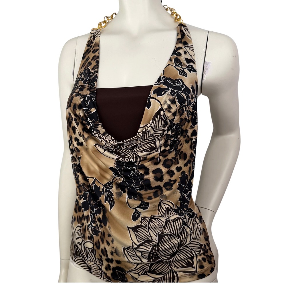 Papaya Y2K Halter Top Cowl Neck Leopard Floral Gold Chain McBling Whimsigoth M
